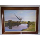 J. Whitehouse, an original oil on canvas depicting a Spitfire, approx 73 x 49 cms framed.