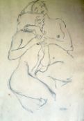 In The Manner of Gustav Klimt, pencil sketch of two nudes "Zwei Sich Umarmende Junge Madchen" ("