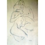 In The Manner of Gustav Klimt, pencil sketch of two nudes "Zwei Sich Umarmende Junge Madchen" ("