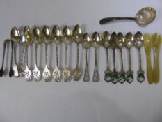 Miscellaneous Silver Teaspoons, including five silver and enamel cricket tea spoons, engraved W.E.