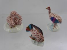 Three Porcelain Herend Hungary Figurines, including Guinea Fowl, Rabbits and a Goldfish. (3)