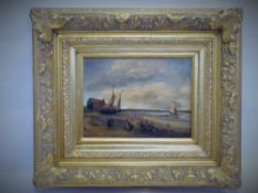 A Contemporary Oil on Board, depicting 'Fishing Boats at Shore', approx 40 x 30 cms, presented in an