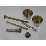 A Miscellaneous Collection of Silver, including two tot measures, three pencils and lead holder.