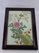 A Chinese Decorative Ceramic Tile, hand painted with tree peony and birds, signed upper left, in a