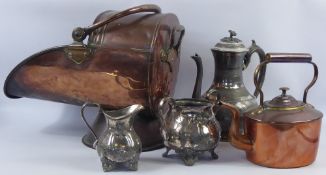 A Silver Plated Trio, comprising tea pot, milk jug and sugar bowl, together with a copper coal