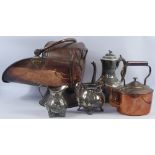 A Silver Plated Trio, comprising tea pot, milk jug and sugar bowl, together with a copper coal