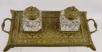 A Victorian Double Inkwell Stand, fitted with two cut-glass ink bottles, approx 36 x 20 cms, the