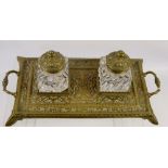 A Victorian Double Inkwell Stand, fitted with two cut-glass ink bottles, approx 36 x 20 cms, the