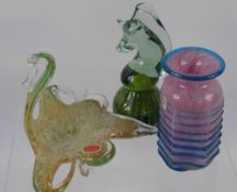 Miscellaneous Glass, including Mdina Glass Pink and Blue Vase, two Mdina sea horses and a Murano