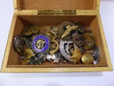 A Wooden Box Containing Various Military Insignia, sweetheart badges, medals, collar badges etc.