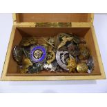 A Wooden Box Containing Various Military Insignia, sweetheart badges, medals, collar badges etc.