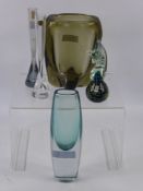 A Whitefriars Vase, together with a sea green pillar vase and two Whitefriars bud vases. (4)