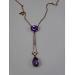 A Lady's Antique 9ct Rose Gold and Amethyst Drop Pendant, , the cushion cut amethyst 9 x 7mm, approx