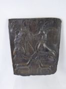 An Antique Wooden Panel, depicting a hunting animal with a goose in its mouth and a chained