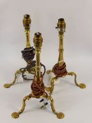 Three Brass Table Lamp Bases, with tripod bases, approx 32 cms, converted.