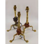 Three Brass Table Lamp Bases, with tripod bases, approx 32 cms, converted.