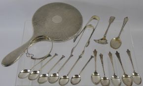 A Miscellaneous Collection of Silver, including hand mirror, teaspoons, sugar tongs, bracelet etc.