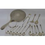 A Miscellaneous Collection of Silver, including hand mirror, teaspoons, sugar tongs, bracelet etc.