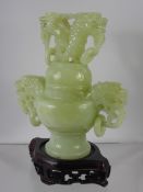 Chinese 20th Century Caledon Jade Censer, the censer having dragon mask and ring handles with twin