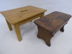 A Vintage Pine Milking Stool, approx 40 x 31 x 24 cms together with on other approx 37 x 20 x 21