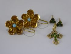 A Pair of Lady's Turquoise and 14 ct Gold Wire Work Earrings, in the form of flowers and a pair 14