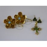 A Pair of Lady's Turquoise and 14 ct Gold Wire Work Earrings, in the form of flowers and a pair 14