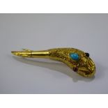 An Antique Lady's 14 ct Yellow Gold, Ruby and Turquoise Brooch, the brooch in the form of a