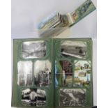 A Blue Album of Vintage Postcards, including black and white photo cards and a quantity of world