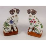 A Pair of Chinese Ceramic Spaniel Figurines, hand painted with fruit and insects, approx 22 cms,