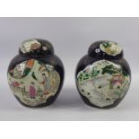 A Pair of Oriental Famile Vert Ginger Jars, the jars depicting river and garden scenes. (wf) (2)