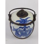 A Chinese Blue and White Porcelain and Pewter Censer, character marks to base, hand painted with