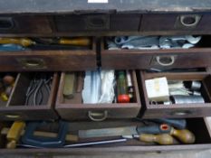 An Antique Tool Chest having Ten Draws, containing miscellaneous Tools & Measuring Equipment