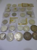 A Miscellaneous Collection of Silver Coins, including Mother Theresa 1780 coin, 1898 Liberty dollar,