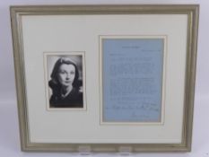 A Signed Letter by Vivien Leigh Award-Winning Actress of 'Gone with the Wind', mounted together with