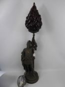 A Spelter Figural Lamp Base, with ruby coloured flame shade held aloft, approx 84 cms