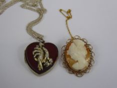 A Lady's 9 ct Gold Shell Cameo, together with a silver hallmarked Cornelian pendant depicting a