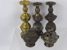 A Collection of Brass and Other Metal Items, including candlesticks and bronze sensors. (5)