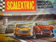 A Vintage Scalextric Motor Racing Track, with three vintage cars, transformer, hand controllers