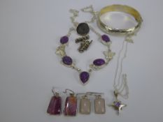 A 925 Bangle, necklace, golf tee, drop earrings, gentleman's rope cuff links and rose quartz drop