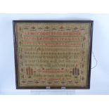 An Antique Hessian Sampler, signed Emily Brown September 1846, approx 44 x 41 cms