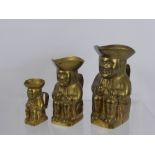 Three Graduated Miniature Brass Toby Jugs, 1 x 6 cms, 1 x 12 cms and 1 x 14 cms.