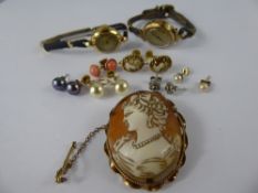 A Collection of Antique and Other Jewellery, including 12 ct shell cameo brooch and 9 ct earrings,