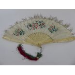 A 19th Century Chinese Ivory and Feather Fan, hand painted with flowers and butterflies to one side,