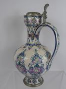 A Studio Pottery Ewer, stamped ASN with a fish motif, hinged pewter lid, hand-painted with floral