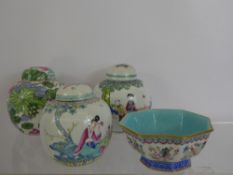 Four Chinese Ginger Jars and Covers, hand painted with figures at leisure, approx 12 cms, red