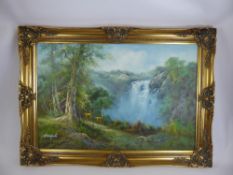 R. Darford, Oil on Canvas, depicting a stag and mate with a waterfall backdrop, approx 90 x 60