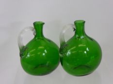 A Pair of Bristol Green Decanters, with ribbed handles, approx 16 cms