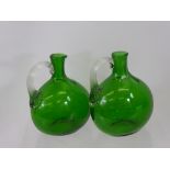 A Pair of Bristol Green Decanters, with ribbed handles, approx 16 cms