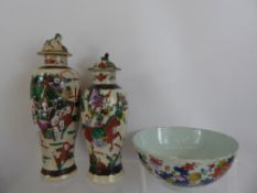 Three Chinese Crackle Glaze Vase and Covers, depicting mounted warriors in battle, approx 37 cms, 33