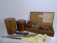 Miscellaneous Items, including a treen egg, beaded needle holder, treen canister and two button